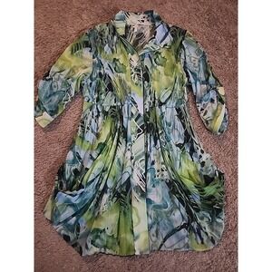 Lindi Art to Wear Top Tunic Hidden Button Peplum Pleated Roll Tab Sleeve Green L